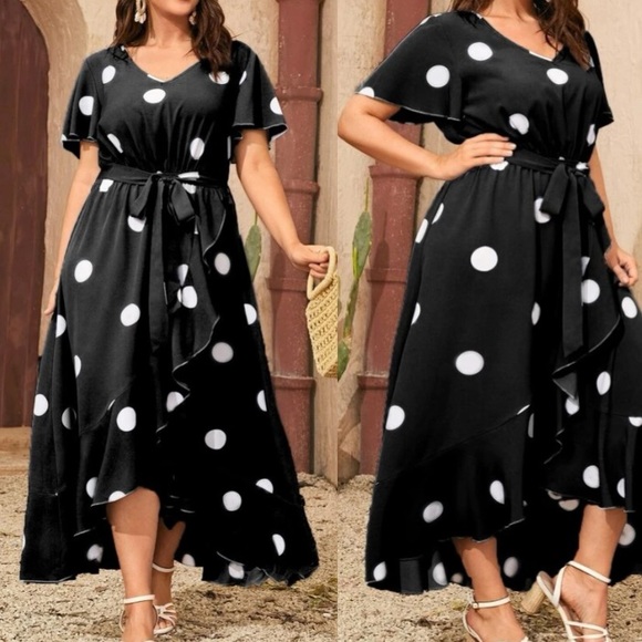 Plus Boho Blue  Polka Dot Ruffle Maxi Dress - Picture 3 of 11